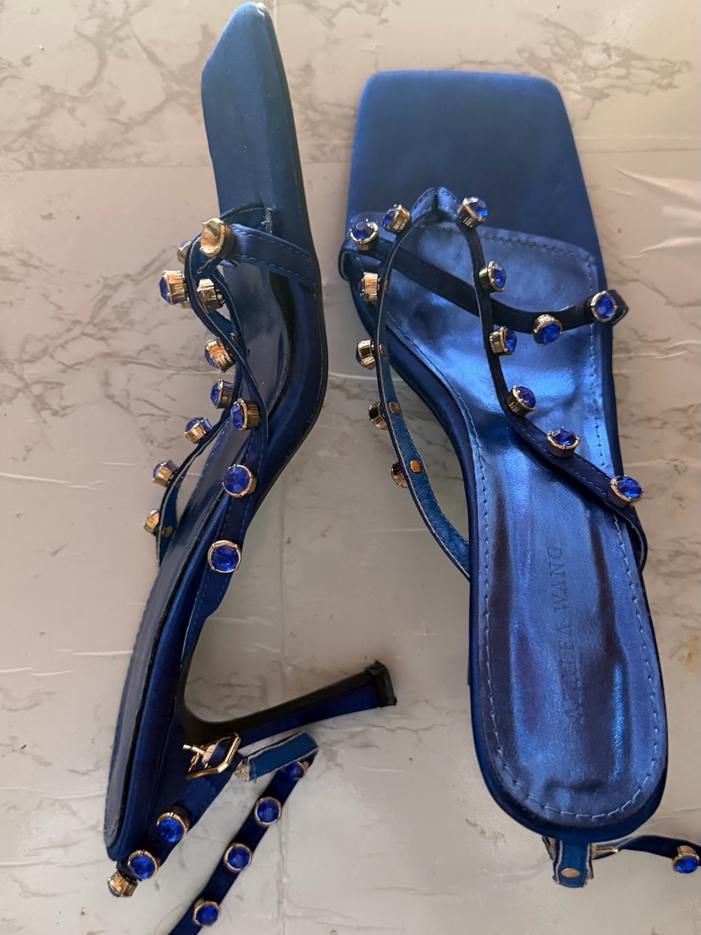 Blue Jeweled Strappy Slingback Heels